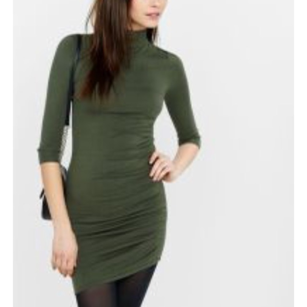 Olive green mock neck rouched dress